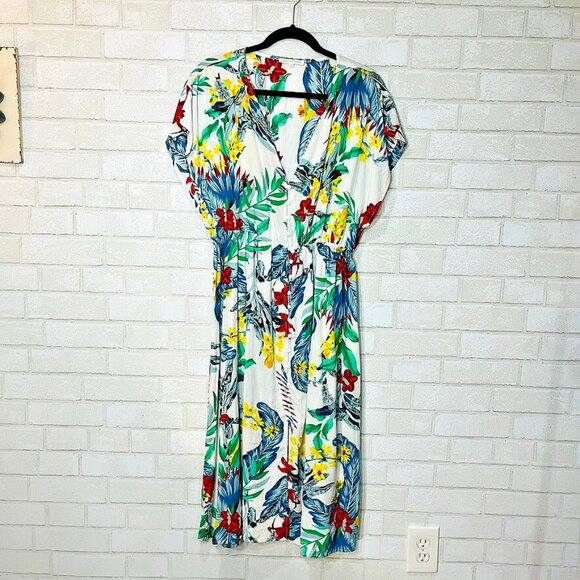 Tropical Rayon Floral Button Midi Dress Size Large Vacation Resort Boho Beachy - Picture 3 of 12